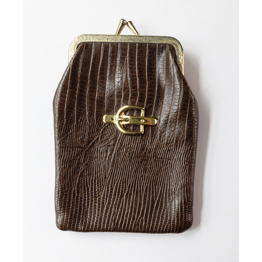 Vintage Cigarette Case Lizard Embossed Brown Leather Gold Metal Hardware